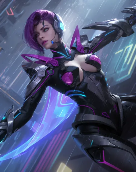 1woman, a young woman, She is wearing a futuristic, mechanical suit of dark gray and black, accented with vibrant purple and neon blue glowing details, The suit has a form-fitting design, showcasing her body type, which is athletic and lean, Her face is ad...