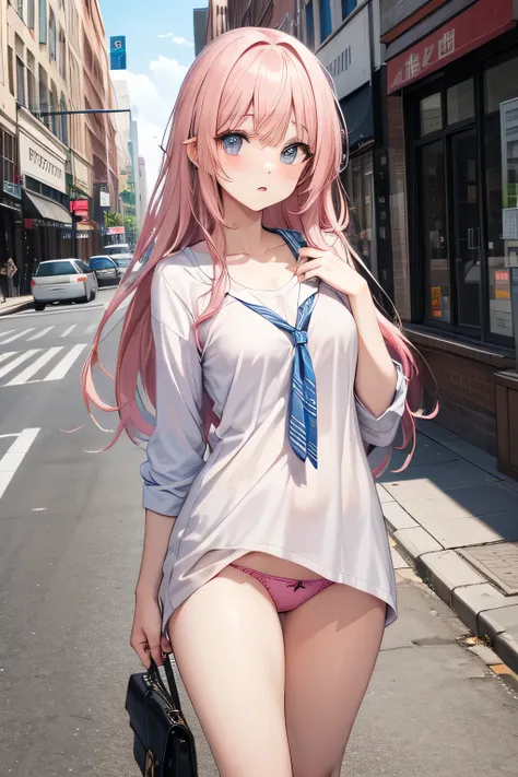 pantyshot,panties shot,surprised,{{{{long hair}}}},pink hair,street,downtown,
