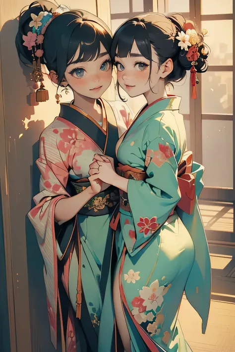 A beautiful young girl whispering secrets to each other, extremely detailed, fractal, colorful, highly detailed bust up, happy, smiling, elegant, sensual, japanese kimono, masterpiece, best quality, official art, beautifully aesthetic:1.2, fractal art:1.3