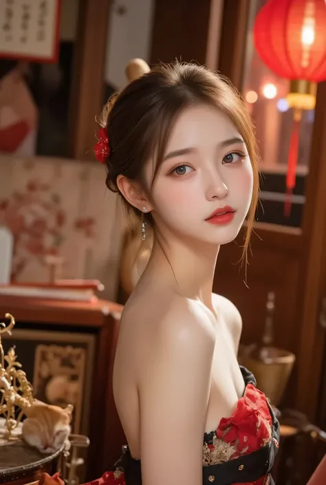 A close-up, head-and-shoulders portrait of a beautiful Korean idol with fine facial features and a ponytail, wearing a red-black-gold-silver short dress with some black-transparent sections, adorned with intricate gold or silver phoenix , bird and floral e...