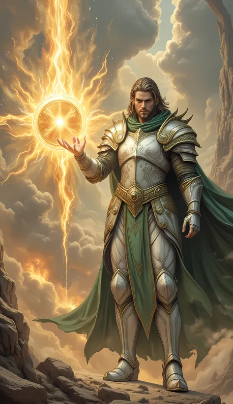 male human, cleric, paladin, (Masterpiece 1.5, intense details), casting a spell ,wearing white armor, green cloak with sun symbol, glowing holy symbol, armed with ,  red hair,  frown, serious, high detail, Realism, Action painting, depth of field, god ray...