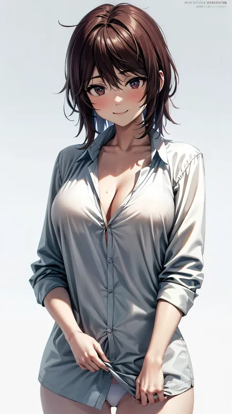 （ Super high quality, super high resolution,16k,super masterpiece,Ultra HD , detailed shading and background,） take a picture of your upper body from directly below, sexy girl , long dark hair,sexy long sleeve big white shirt,Folded sleeves, cleavage,Only ...