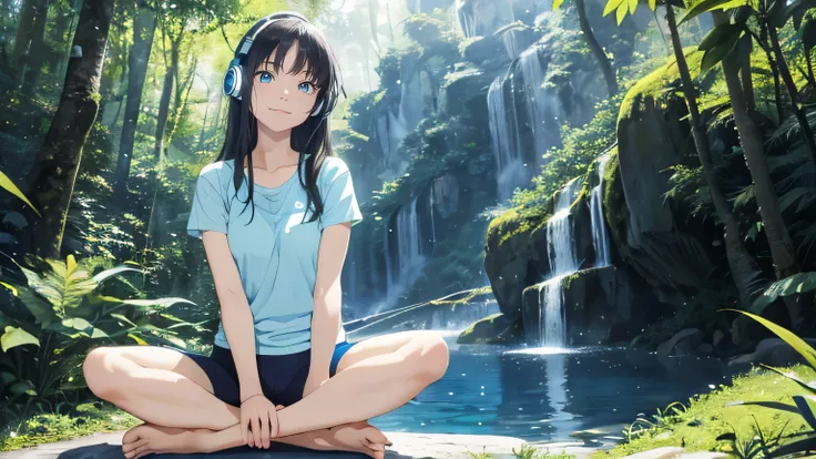  Ghibli style , cute girl, dark hair semi-long hair,sexy blue eyes,one eye open,  sexy face, light blue yoga clothes ,80's style,solo、 blue headphones,person, sitting cross-legged, yoga, meditation pose, in nature, surrounded by lush greenery, Calm, outdoo...