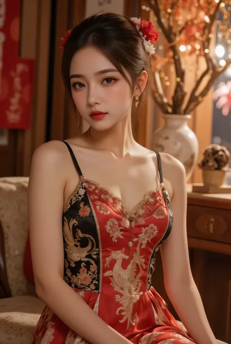 A close-up, head-and-shoulders portrait of a beautiful Korean idol with fine facial features and a ponytail, wearing a red-black-gold short dress with some black-transparent sections, adorned with intricate gold or silver phoenix and floral embroidery. She...