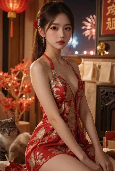 A close-up, head-and-shoulders portrait of a beautiful Korean idol with fine facial features and a ponytail, wearing a red-black-gold short dress with some black-transparent sections, adorned with intricate gold or silver phoenix and floral embroidery. She...