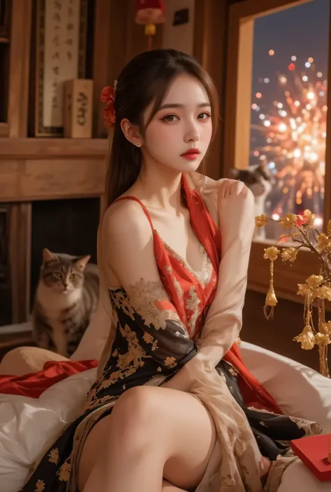 A close-up, head-and-shoulders portrait of a beautiful Korean idol with fine facial features and a ponytail, wearing a red-black-gold short dress with some black-transparent sections, adorned with intricate gold or silver phoenix and floral embroidery. She...