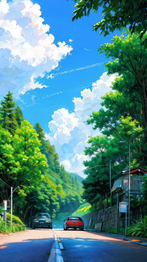 "A high-resolution wallpaper depicting a car descending a winding road through picturesque green hills. The scene features vibrant, lush greenery, scattered colorful wildflowers, and a serene blue sky with soft clouds. The car, sleek and modern, has a slig...