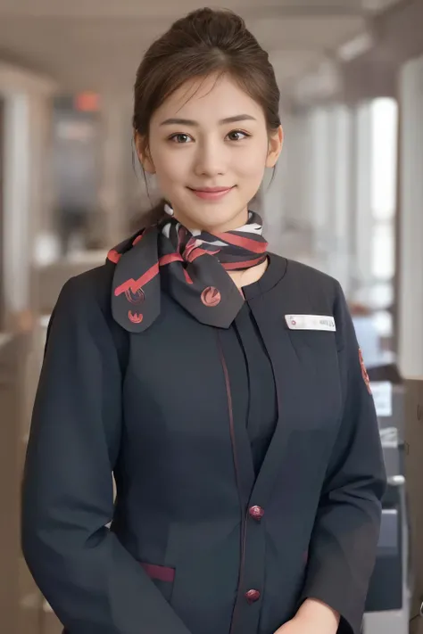 (masterpiece:1.2、 best quality:1.2)、32kHDR、 high resolution、( alone、 1 girl、 slim figure)、( realistic style wearing JAL cabin crew)、 (At the airport counter, professional lighting)、A proper woman, beautiful face,、( black JAL cabin crew )、(Long sleeve JAL...