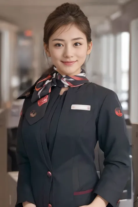 (masterpiece:1.2、 best quality:1.2)、32kHDR、 high resolution、( alone、 1 girl、 slim figure)、( realistic style wearing JAL cabin crew)、 (At the airport counter, professional lighting)、A proper woman, beautiful face,、( black JAL cabin crew )、(Long sleeve JAL...
