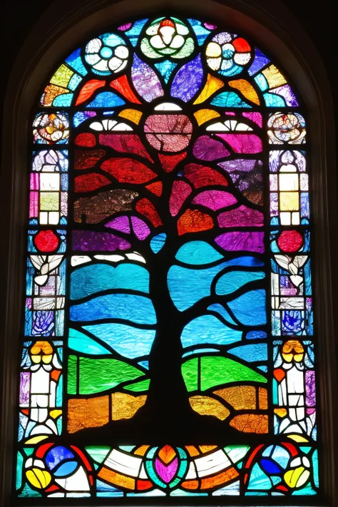 a painting of a tree with colorful leaves in a circle, stained glass art, backlit stained glass, stained glass style, tree of life, stained glass!!, stained glass, stain glass, the tree of life, glowing stained glass backdrop, beautiful stained glass windo...