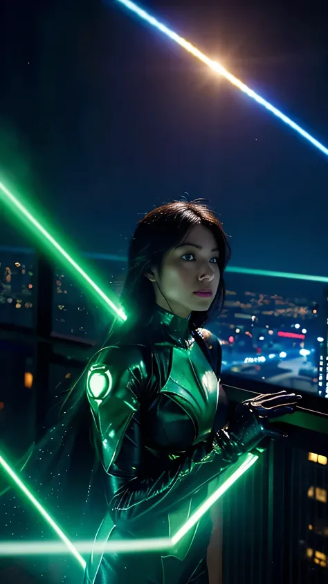 Scene from the movie, Woman dressed as Green Lantern from DC, extremely detailed, futuristic cityscape, nighttime, glowing neon lights, smoke, sparks, metal shavings, flying debris, blue energy effects, volumetric light