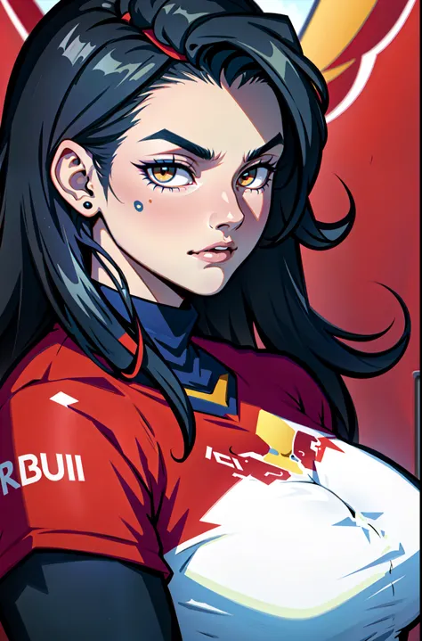 (red bull logo) (red bull logo) (red bull logo) (red bull logo) (red bull logo) (red bull logo) (red bull logo) (red bull logo) black hair yellow eyes pale skin large muscles big breasts girl