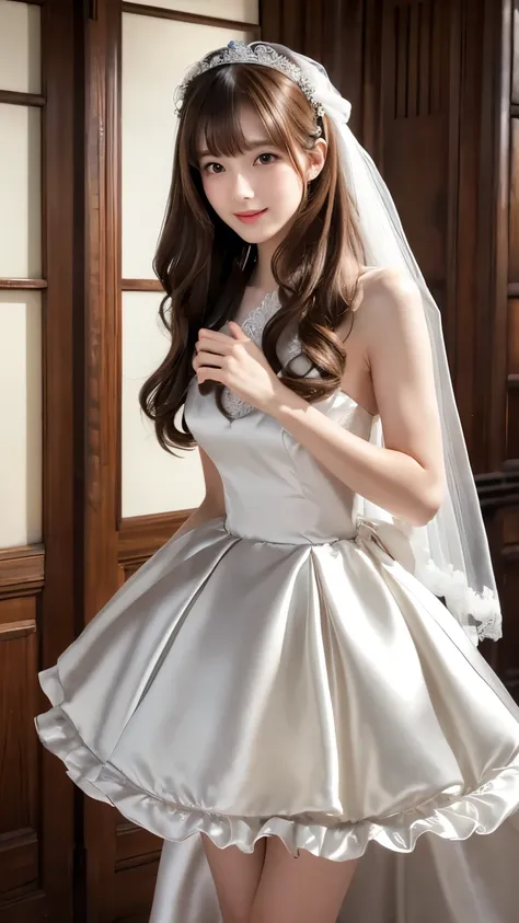 (((Top Quality))), (((Masterpiece))), (((Details))), tall, looking at camera, face-to-face, silver shiny silk satin ruffle girly empire length wedding dress, hands thrust forward, Japanese, brown hair, long hair, gorgeous room,. Gorgeous ribbon hair access...