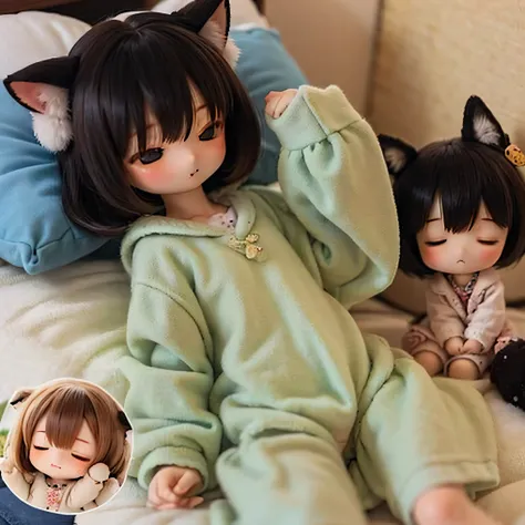 Shiba Inu girl sleeping in chibi pajamas、Girls sleeping in bed