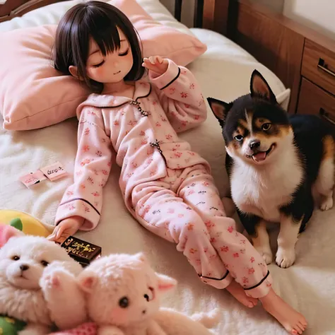 Shiba Inu girl sleeping in chibi pajamas、Girls sleeping in bed