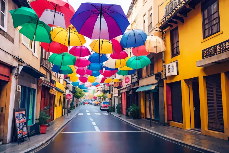 a close up of a street with many [umbrella hanging from the ceiling,   colorful umbrellas , [umbrella,   colorful pictures  ,  colorfuly,   beautiful colorful,  beautiful、 and colorful ,  bright and colorful ,  colorful pictures , Japanese umbrella , color...