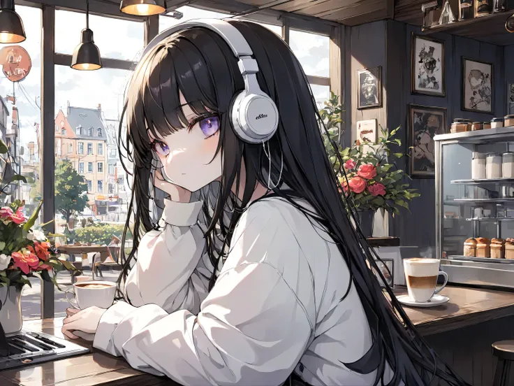 masterpiece,  high quality,  high resolution, 16k, Makifu Shinkai illustrations,  exquisite background , petite girl,   black hair,  long hair, Rough Outfit ,  headphones,  white skin, long eyelashes,  beautiful eyes,  Colorful World 、jazz、Cafe、 moody 