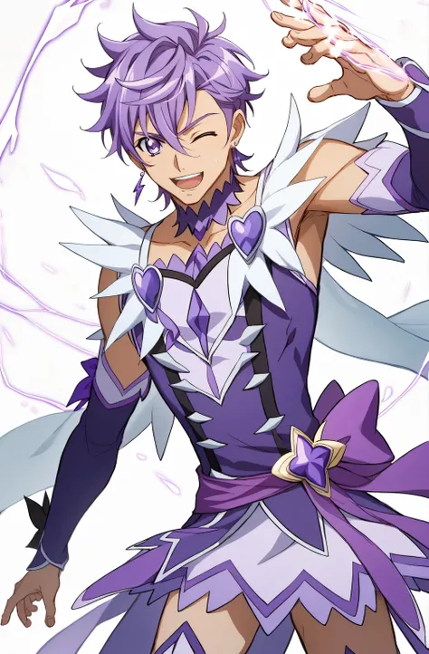 score 9 、score 8 up、score 7 up、source anime、masterpiece、 best quality、 high resolution、1boy 、Cure Sword、(male:1.5)、close-up of a boy cartoon character with purple hair、Alone、portrait of Magic Boy、 Boy in a White and Purple Dress 、Long Legged 、Heavenly Aura...