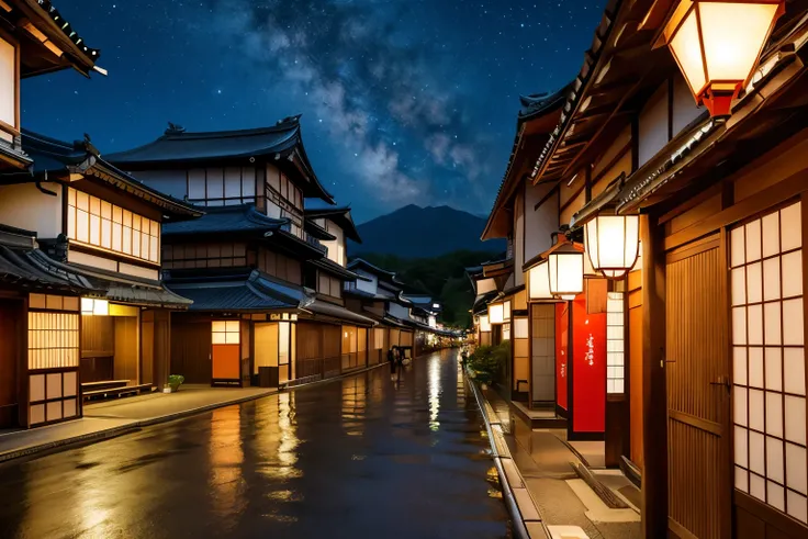   with a pagoda in the background, Digital rendering inspired by Kano Hogai,  Shutterstock , ukiyo-e,  Exploring Japan's Deeper Travels , Kyoto, Kyoto inspired,   Japanese Street ,  Japanese cities  at night, Kyoto japan setting,  Japanese cities , Japan a...