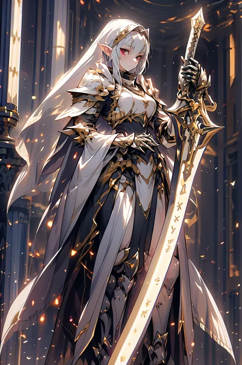 4k high quality wallpaper. Full character view. 1Woman. Elf Knight. Short white hair. pale skin. Glowing golden eyes. Golden and silver armor that is covered in Starlight. White cape and veil.