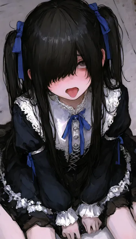 1girl, flat chest, skinny body, Dull woman, messy hair, shy, black hair ,hair over one eye, (Gothic Lolita:1.2), two side up, blue ribbon, long hair, Baby Face, tongue, open her mouth, wariza, from above, look up 