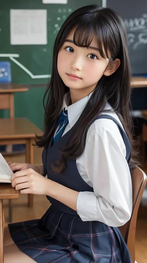 Loundraw falling gracefully on your shoulder, Depict a beautiful female student . She is wearing a classic school uniform , a properly fitted skirt and a perfectly tailored shirt. Her long black hair , With soft bangs, Imagine a charming illustration i...