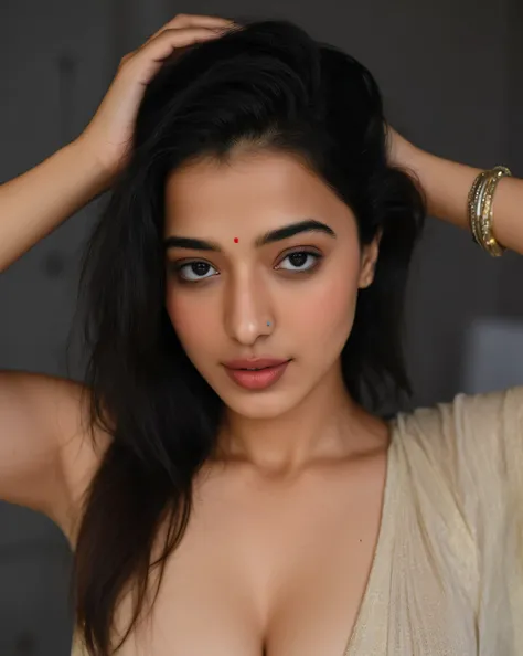 photo of indian girl having seductive facial expression and little cleavage and look wide angle photo