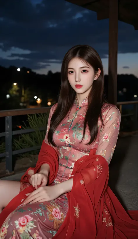 a beautiful young asian woman in a traditional chinese dress sitting at night, looking directly at the viewer, with vivid colors, high resolution, hdr, 8k, ultra detailed, photorealistic