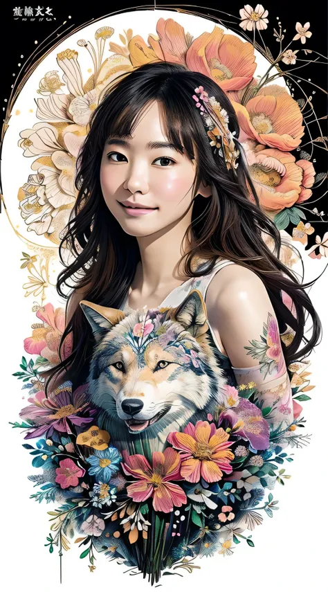 Gakki、smile、A gentle wolf comforts a girl lost in the forest、  is cute 、  perfect anatomy、  Picturesque 、  sketch、  texture  、  very detailed、(  fractal art:1.1)、(Gentle colors:1.1)、(  floral:1.6)、  most detailed、(  Zentangle:1.2)、(  abstract background :1...