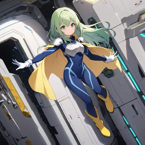 1girl, blue bodysuite, yellow poncho, yellow long boots, white long glove, silver shoulder protector, silver breastplate, silky long green hair, green eyes, inside space station, full body