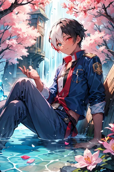 ((1-boy :1.5)),Ultra detailed,  highres, absurdres, HDR, master piece, Todoroki Shouto, bicolor hair, right side is white, left side is red,  heterochromia, right eye is grey, left eye is blue,Fantasy , pink petals, water, pink flowers, handsome, sexy man,...