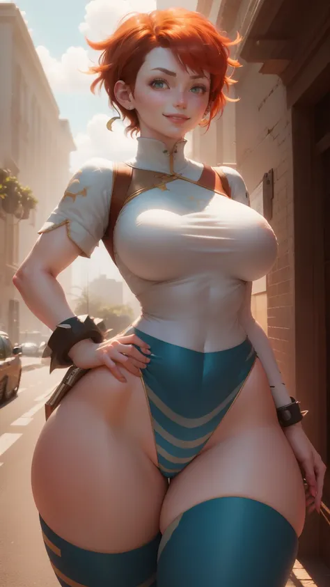 gwen tennyson,tracer,yorha 2b,rebecca chambers,ada wong,nami,pilot uniform, ager, green eyes,garter belt,striped underwear,short hair,river,orange hair,shy smile,ginger,white striped top,denim micro skirt,freckles,beautiful girl,stockings,large breasts,ult...