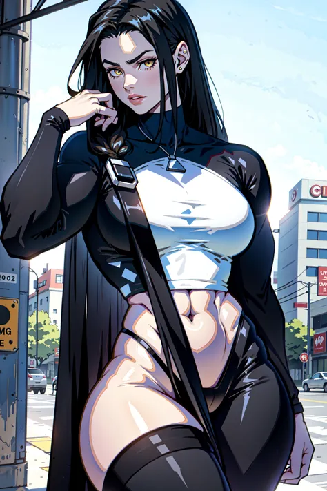 black hair yellow eyes pale skin ((long straight hair)) large muscles large breasts thick 