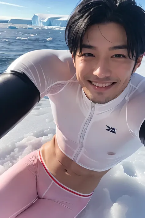  Japanese　 handsome　 black hair 　　　short cropped 　　male　Slim figure　smile　Bulge　 sheer bright white compression suit for sitting on snow　Nude Lower Body with Pink Briefs 　　Face close-up　The background is Antarctica　In the snow　　The background is Antarctica...