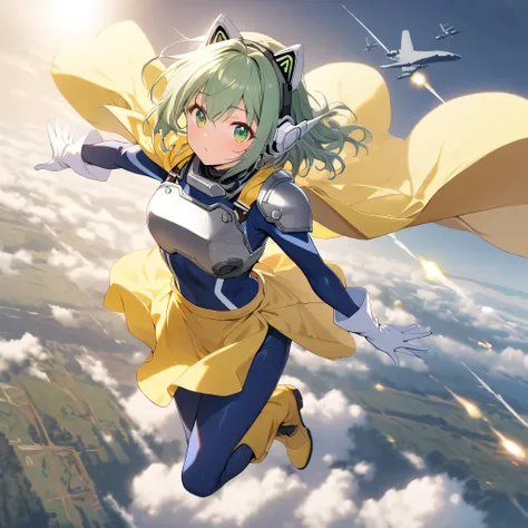 1girl, blue bodysuite, yellow cape, yellow skirt, yellow apron, yellow long boots, white long glove, mechanical ears, silver shoulder protector, silver breastplate, silky long green hair, green eyes, with B-2 bomber in the sky, full body