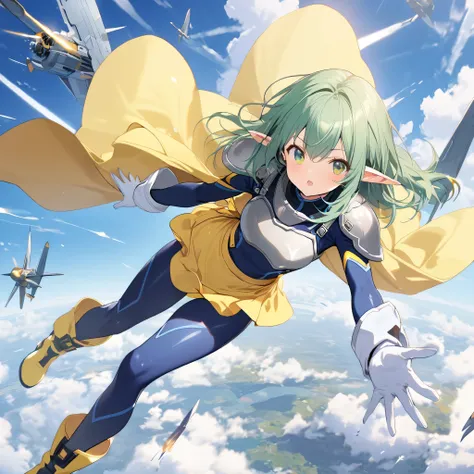 1girl, blue bodysuite, yellow cape, yellow skirt, yellow apron, long yellow boots, long white glove, mechanical drop long ears, silver shoulder protector, silver breastplate, silky long green hair, green eyes, in the sky with bomber, full body