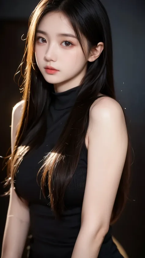An 8k masterpiece, the highest resolution, every detail, meticulous detail, depth of field, bright colors, beautiful composition: an 18-year-old adolescent girl with black hair and beautiful innocent eyes in stunning detail, standing on a dark and ominous ...