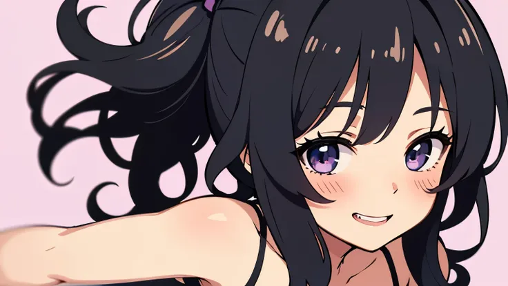 A cute solo girl with black hair wearing a camisole. Plain background. Highest quality. Focus cleavage. Bust-up illustration. Expression: very blush and very smile.