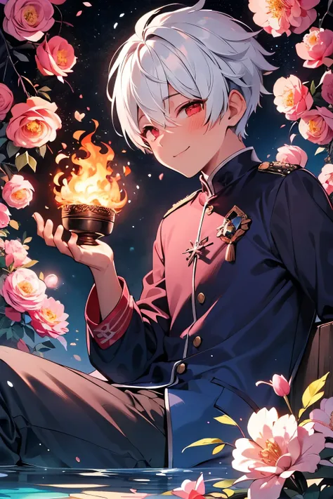 ((1-boy :1.5)),Ultra detailed,  highres, absurdres, HDR, master piece, Todoroki Shouto, bicolor hair, right side is white, left side is red,  heterochromia, right eye is grey, left eye is blue,Fantasy , pink petals, water, pink flowers, handsome, sexy man,...