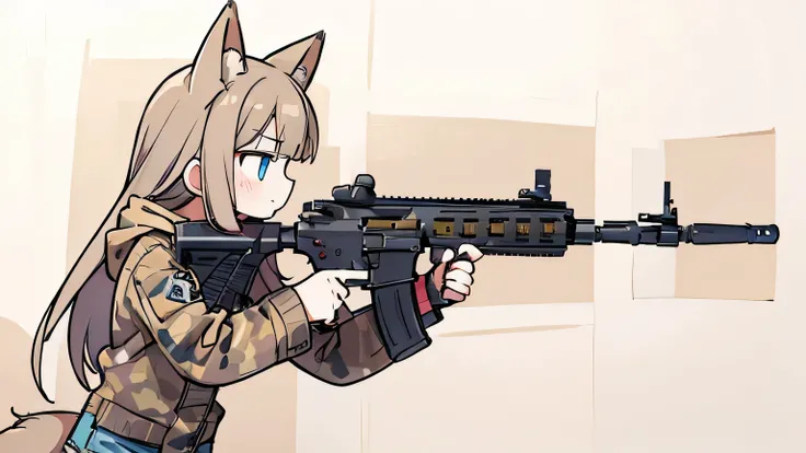 woman、Fox Ears brown hair 、blue eyes、 long hair、 denim、 shorts、 beige hoodie、 boots、 holding an assault rifle with both hands、HK416、gun、Firing、shoot