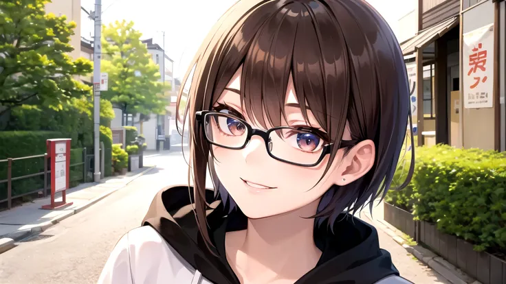  top quality, 16k,  high definition ,  1girl ,  showing upper body ,  black short hair,( beautiful detailed face),  brown eyes, smile,２０generation,  in the streets of Japan that are precise and beautiful, Moderate bust,  hoodie,  brown glasses 