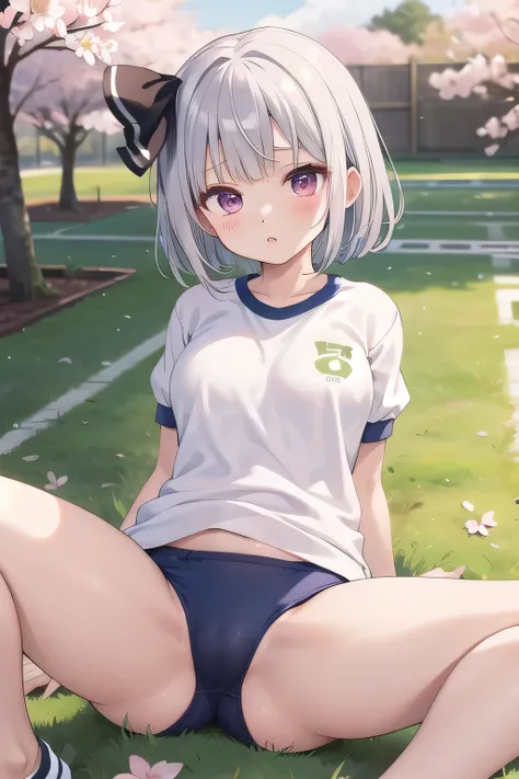 Youmu、Very cute gym clothes、(White gym shirt)、、lying on one’s back, spread legs、Cherry blossom trees