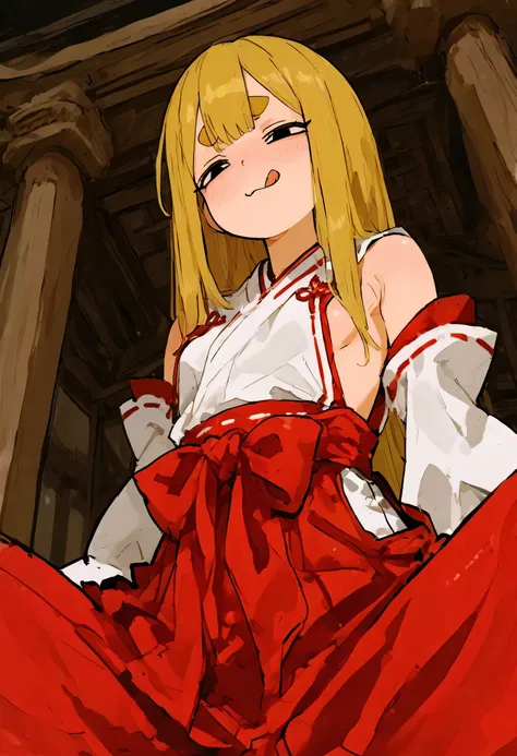 cowgirl position, from below, from front, smug, tongue, small breasts, thick, rond eyebrows, Droopy eyes,  miko, shrine maiden clothes, blonde hair, sideboob, long hair 