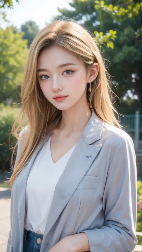 masterpiece, best quality, 1girl, beautiful, fine, delicate, extremely intricate, detailed, blonde hair, jacket, blue eyes, ((masterpiece)), extremely detailed, best quality, high resolution, ((at a park)), Bridget, smile,