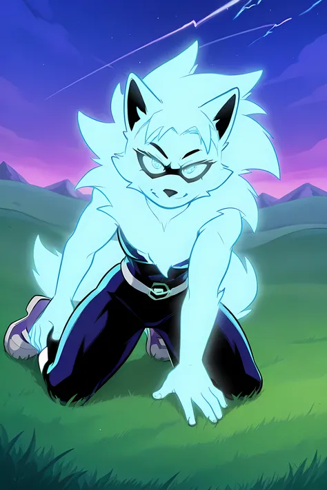 anime male wolf with pale blue glowing fur in a superhero outfit, in a blue grasslands, blue glowing neon lightning powers, professionally drawn, danny phantom cartoon/ my hero academia art style