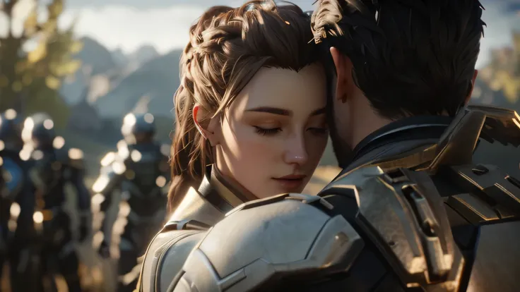 a close up of a person hugging a person in a field, unreal engine cinematic smooth, unreal engine cinematic, unreal engine ; romantic theme, cinematic unreal engine 5, unreal engine 5 4 k uhd image, trending on unreal engine 5, unreal engine 5 render drama...