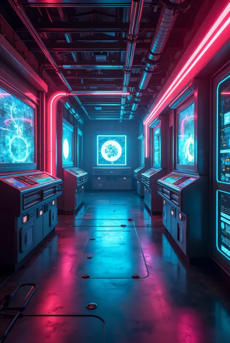 Combination of technological elements from the 80s with neon lights and modern holograms