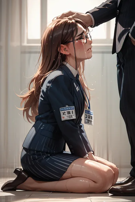 business skirt suit, dark long hair, glasses, from side, blush, (be frightened expression:1.3), (crying:1.5), (sweaty:1.7), kneeling, name tag, (motion line:1.5),