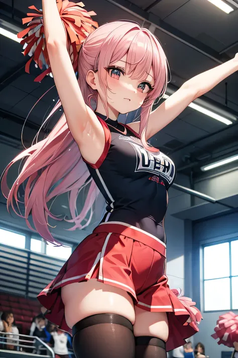 (((cheerleder))),long pink hair,gymnasium,