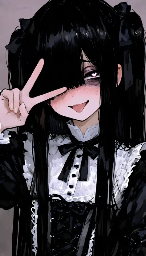 flat chest, skinnybody, Droopy eyes、Dull woman 、((bags under her eyes:1.3))、messy hair, shy, black hair ,hair over one eye, two side up, heart shaped pupils, Gothic Lolita, long black ribbon, tongue, smug, v over eye 